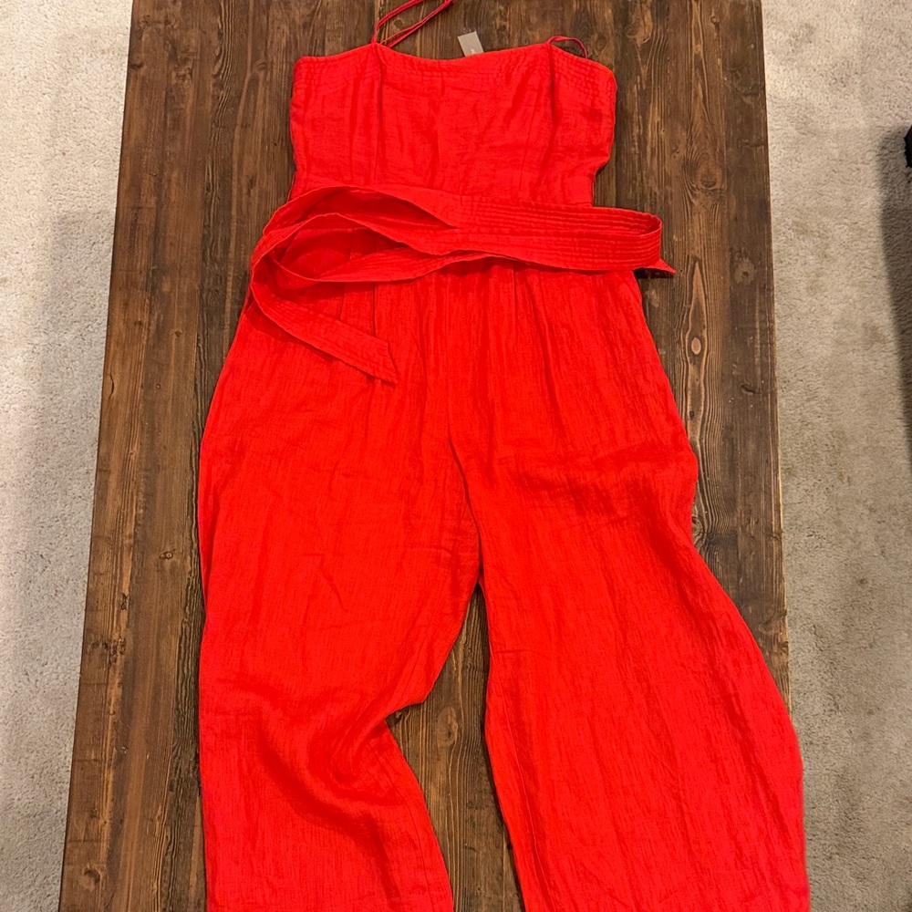 J.Crew Red Linen Tie Waist Wide Leg Jumpsuit Size 6 NWT